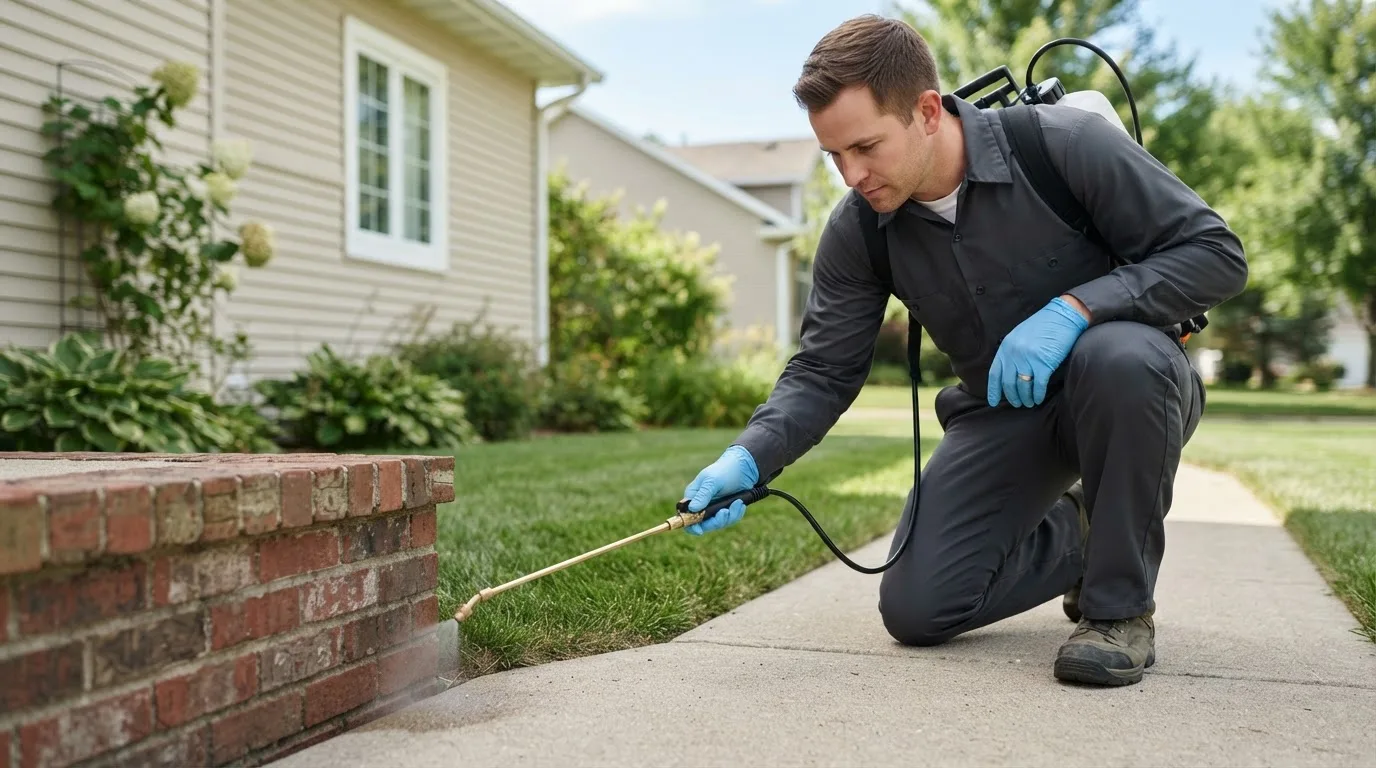 Pest control technician treating a home near Middle Point, OH