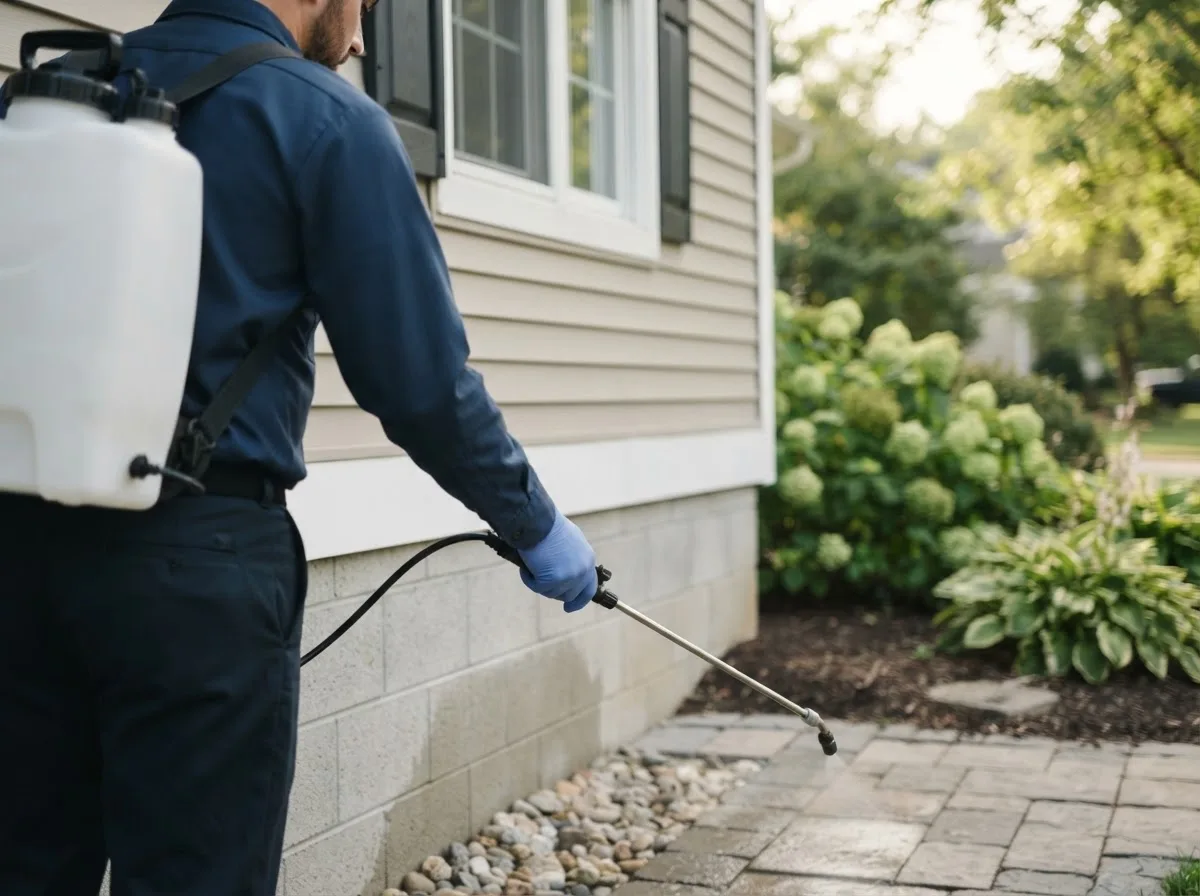 Pest control technician inspecting a home in Middle Point, OH